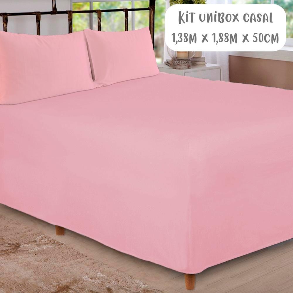 Jogo de Lençol 3 Peças Box Conjugado Unibox Casal Rosa Arrumadinho Enxovais